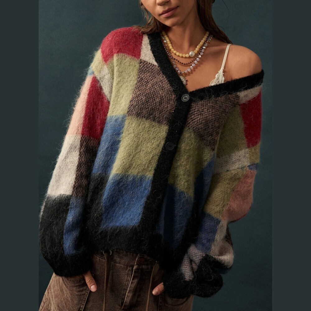 Colorblock Grid Fuzzy Knit V Neck Button Front Oversized Cardigan